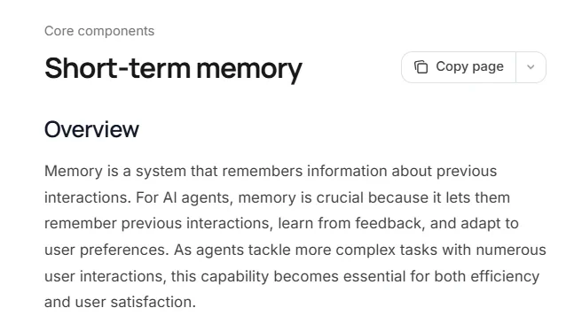 LangChain 官方文档「Core components → Short-term memory」概述：记忆用于保存先前交互信息，支撑智能体在多轮交互中保持效率与体验