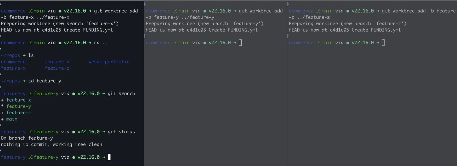 Three terminals creating one worktree each, then confirming the branches are checked out independently