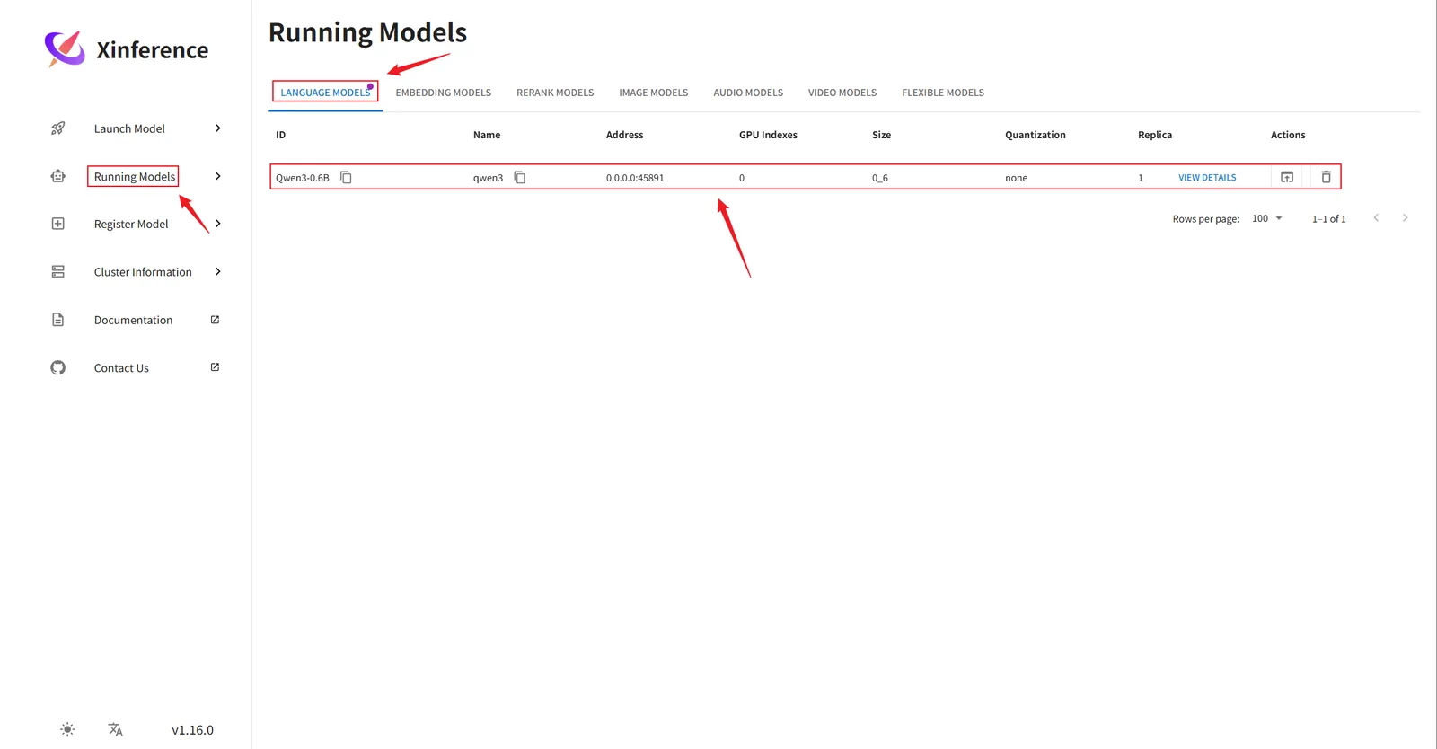 Xinference WebUI 中查看已部署 LLM 的界面