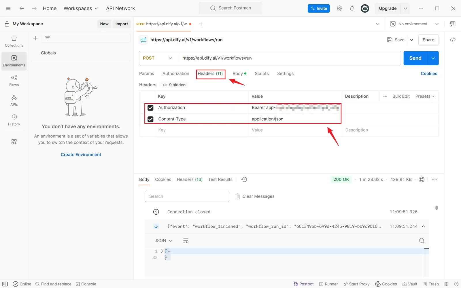 在 Postman 中配置 Dify 工作流请求头的界面