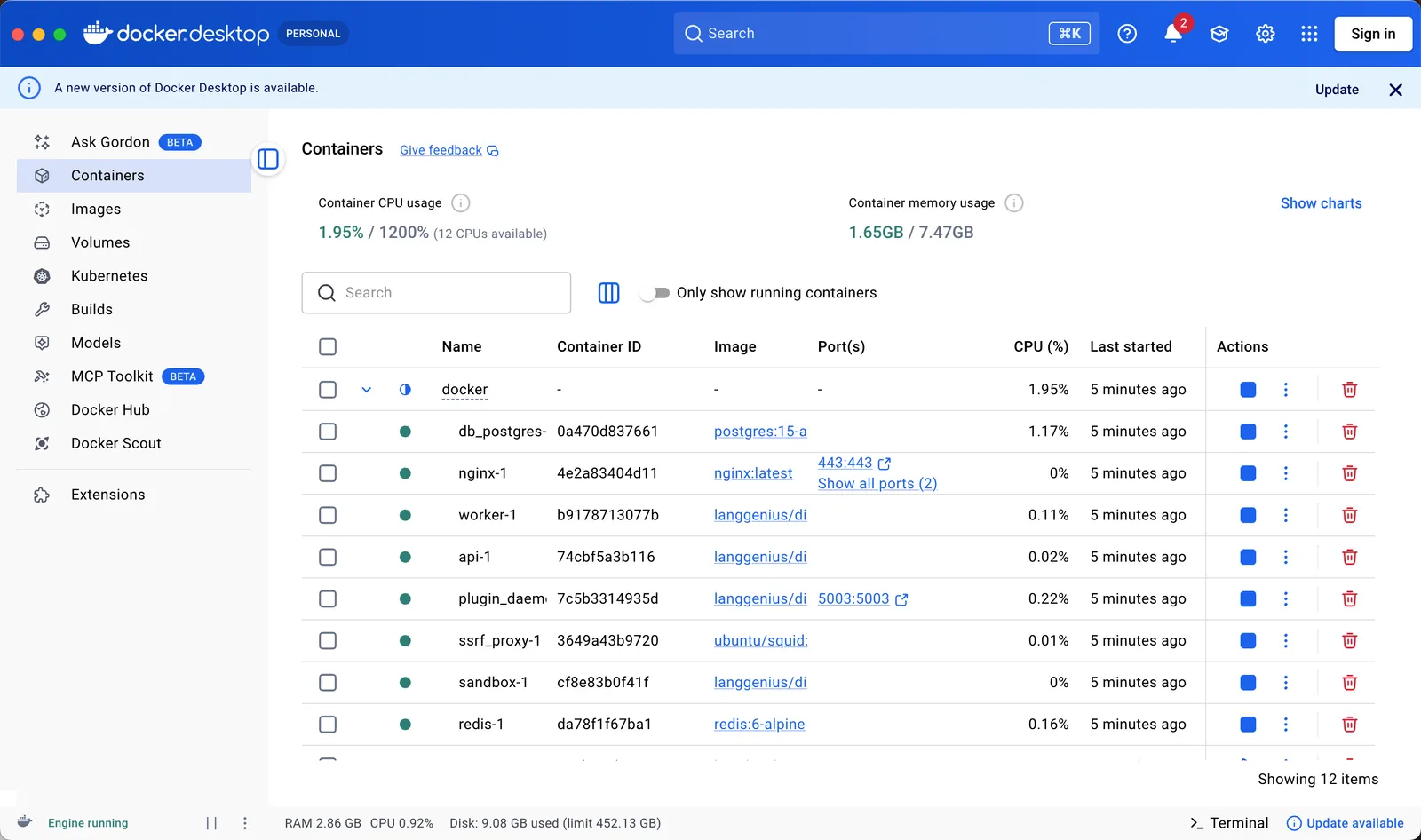 Docker Desktop 中的 Containers 列表