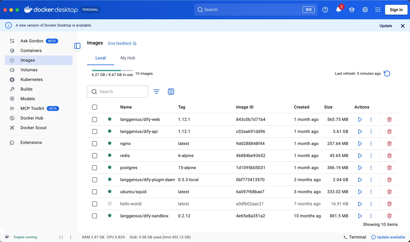 Docker Desktop 中的 Images 列表