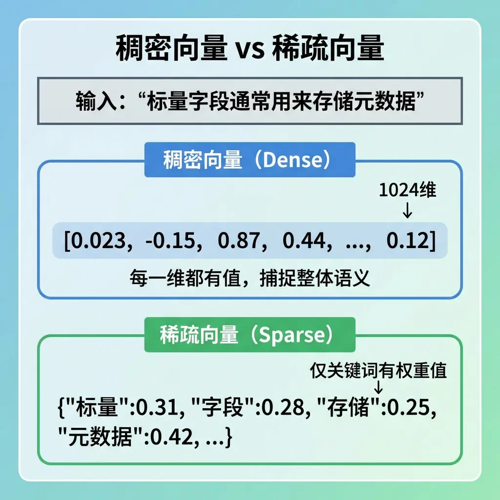 稠密向量与稀疏向量对比：稠密向量表达整体语义，稀疏向量更接近关键词权重