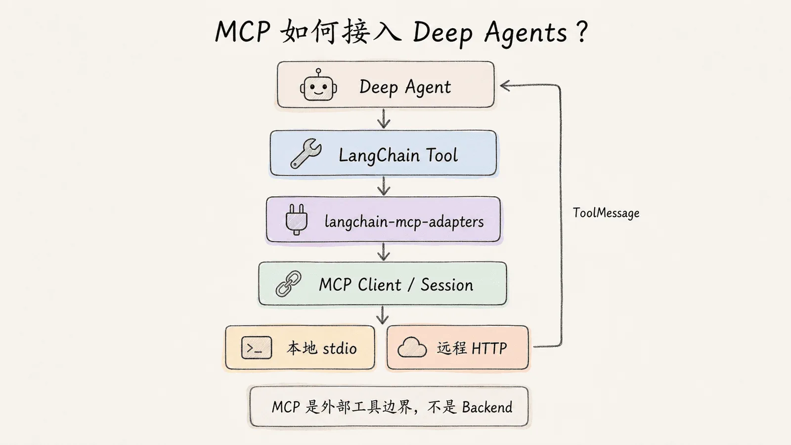 MCP 接入 Deep Agents 的分层架构：用户请求由 Deep Agent 规划，经 LangChain Tool 和 langchain-mcp-adapters 转换，通过 MCP Client 与 Session 调用本地或远程 MCP Server，结果以 ToolMessage 返回 Agent