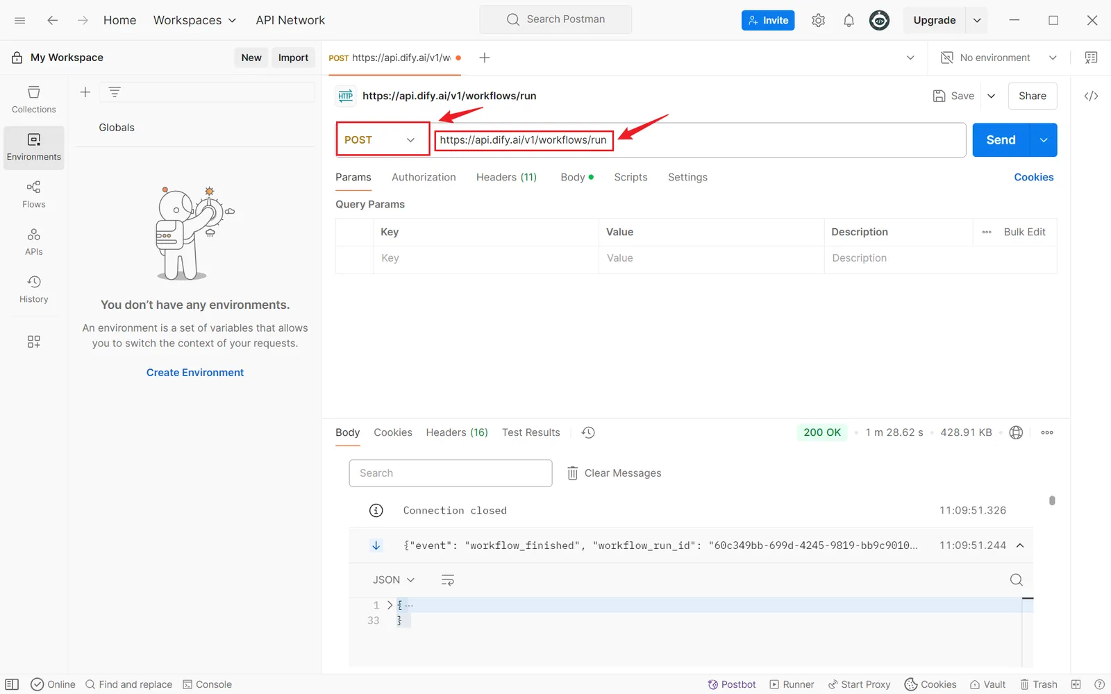 在 Postman 中新建 Dify 工作流 POST 请求的界面