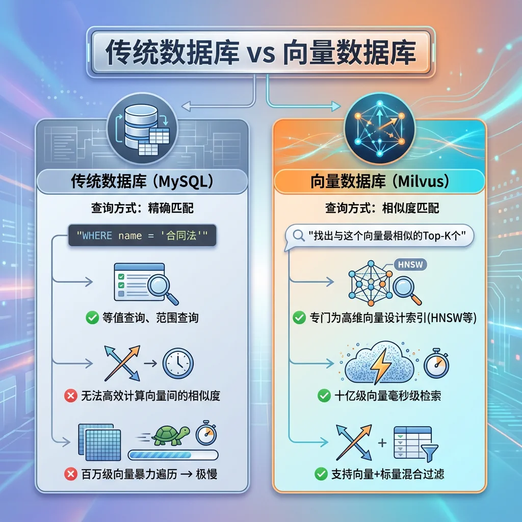 传统数据库与向量数据库的查询方式对比：字段精确查询侧重值匹配，向量检索侧重语义相似