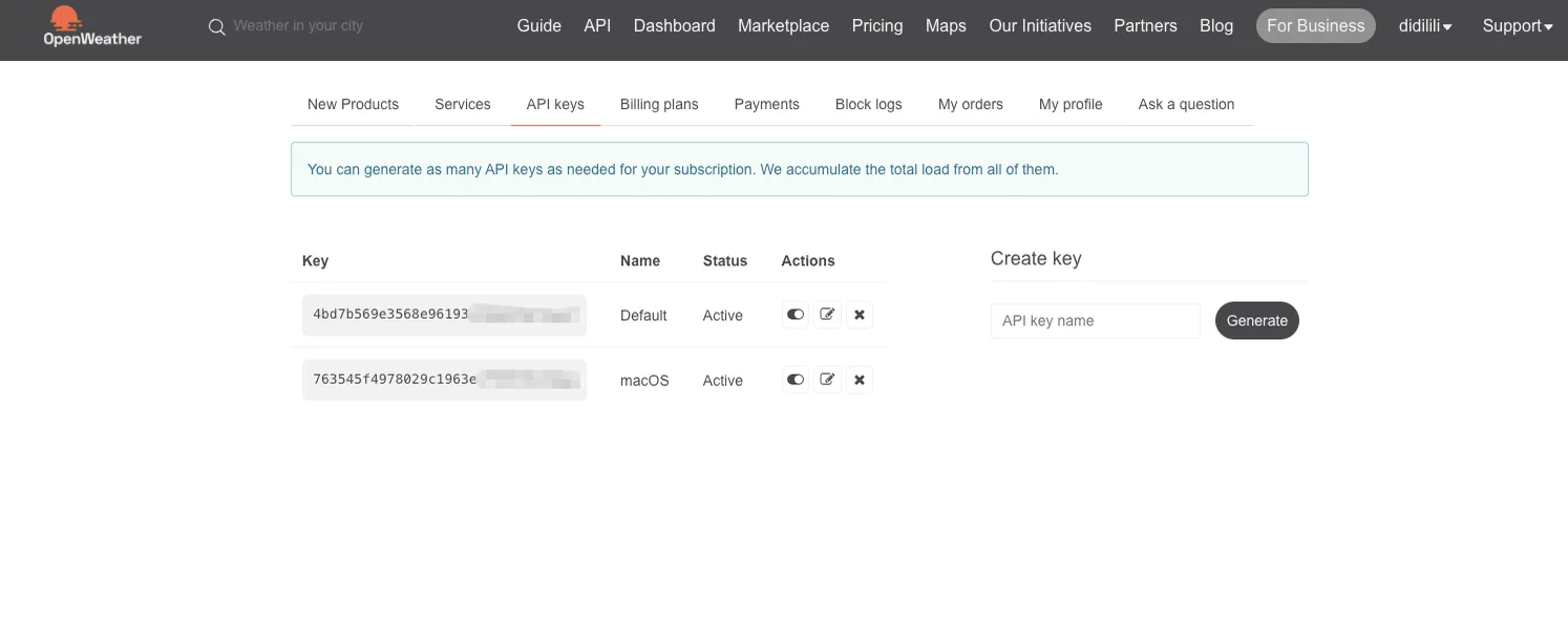OpenWeather 用户后台「API keys」页：查看已有密钥状态，或通过 Create key 生成新密钥（教程中用于配置天气工具）
