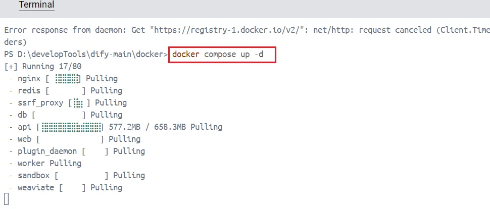 执行 docker compose up -d 启动 Dify 的界面