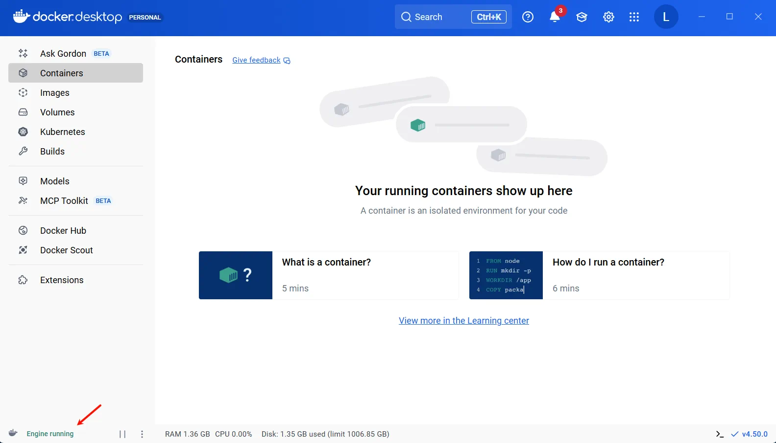 Docker Desktop 成功启动后的主界面