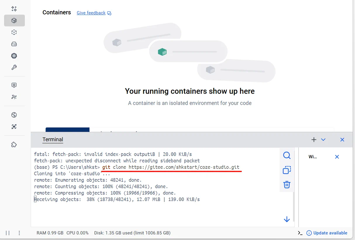 在 Docker Desktop 终端中克隆 Coze Studio 仓库的界面