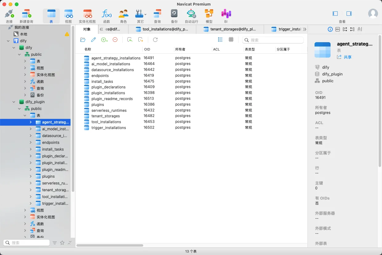 Navicat 成功连接 Dify PostgreSQL 数据库后的表结构视图
