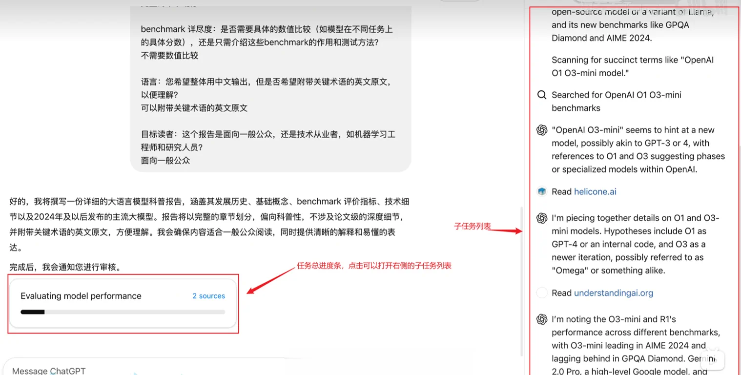OpenAI Deep Research 自主规划子任务列表的界面示意图