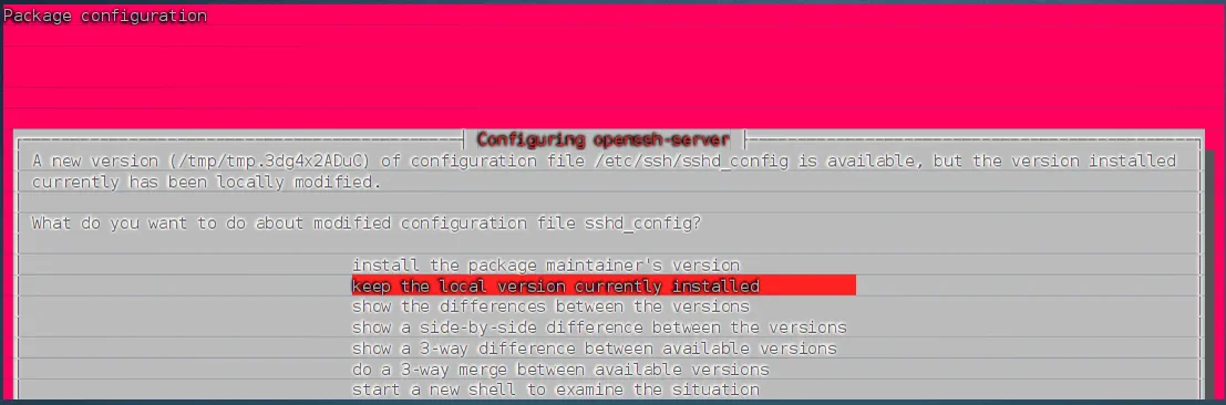执行 sudo apt upgrade 时出现交互提示的界面