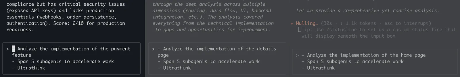 The same spawn prompt typed into three separate sessions