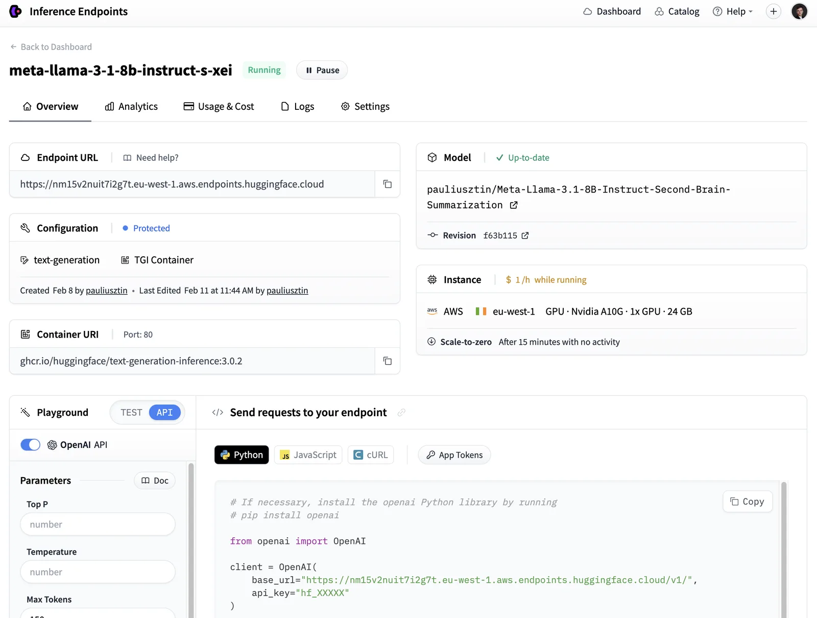 Hugging Face Inference Endpoints Dashboard