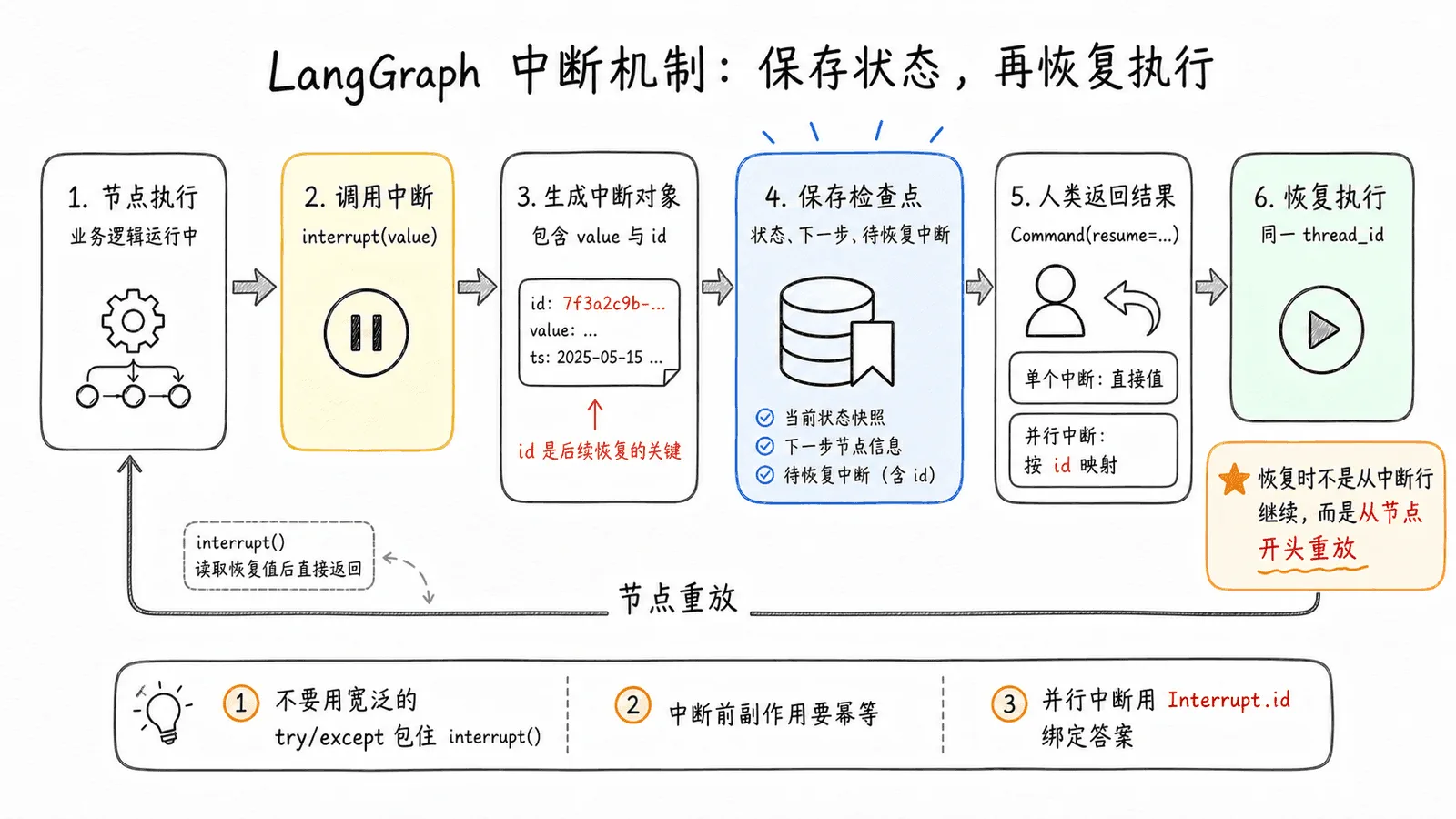 LangGraph 中断机制：节点调用 interrupt() 后生成中断对象，Checkpointer 保存状态，人类用 Command(resume=...) 返回结果，并通过同一 thread_id 恢复执行，恢复时节点会从头重放