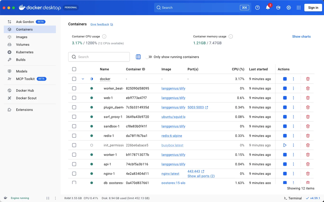 Docker Desktop 中查看 Dify 容器运行状态的界面