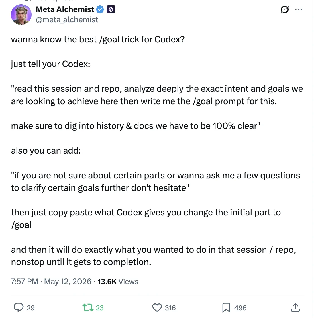 Meta Alchemist tweet — /goal trick for Codex