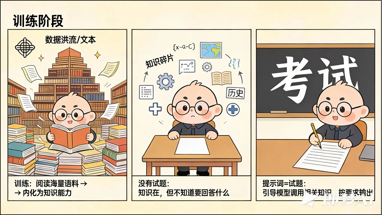 提示词帮助模型明确角色、任务、参考资料和输出要求的示意图