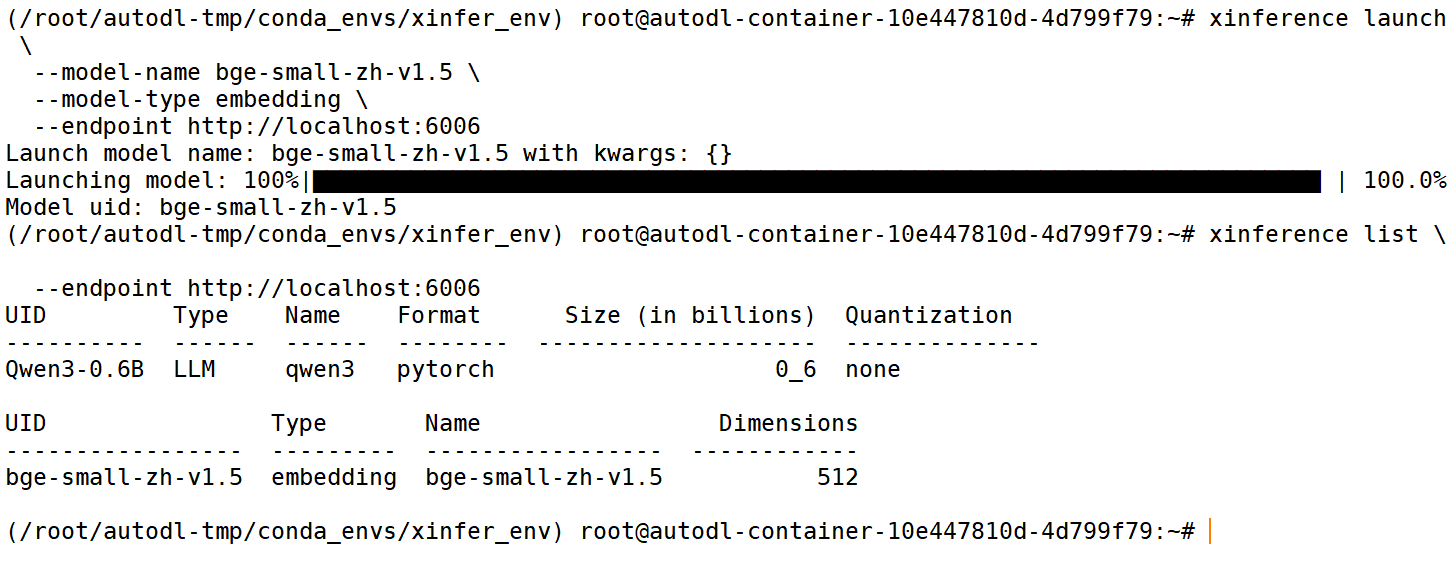 使用 xinference list 查看 Embedding 模型的界面