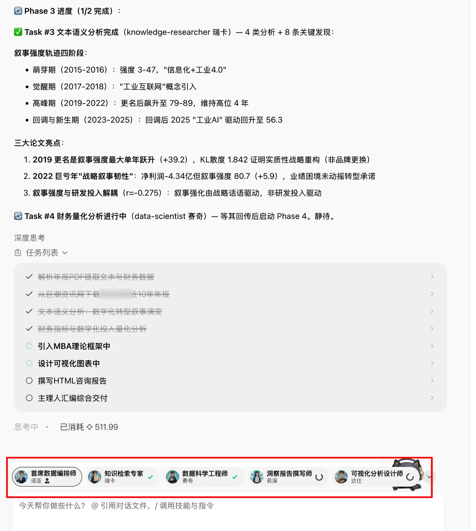 专家团成员分工执行，实时汇报各阶段关键发现
