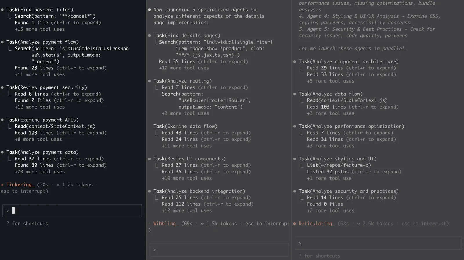 Each session running five subagents concurrently, each with its own tool calls and token count